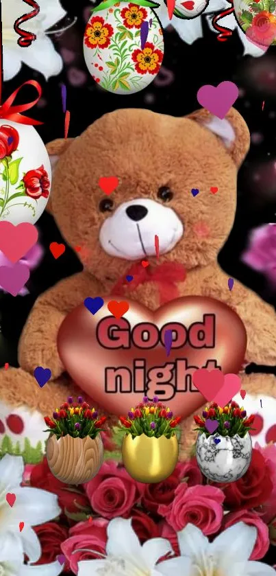 Teddy bear with heart saying 'Good Night,' surrounded by flowers and hearts.