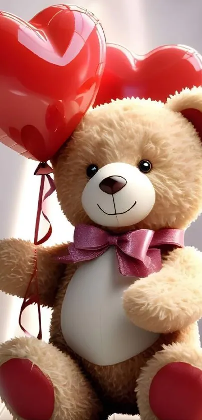 Teddy bear with heart-shaped balloons.