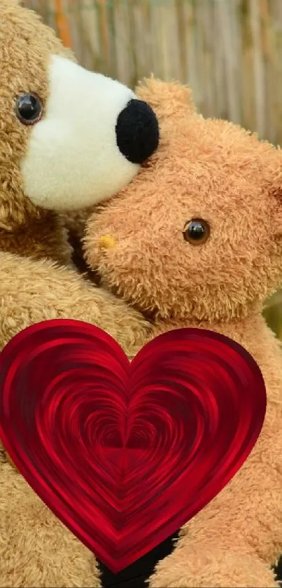 Two teddy bears hugging a red heart on a rustic wood background.