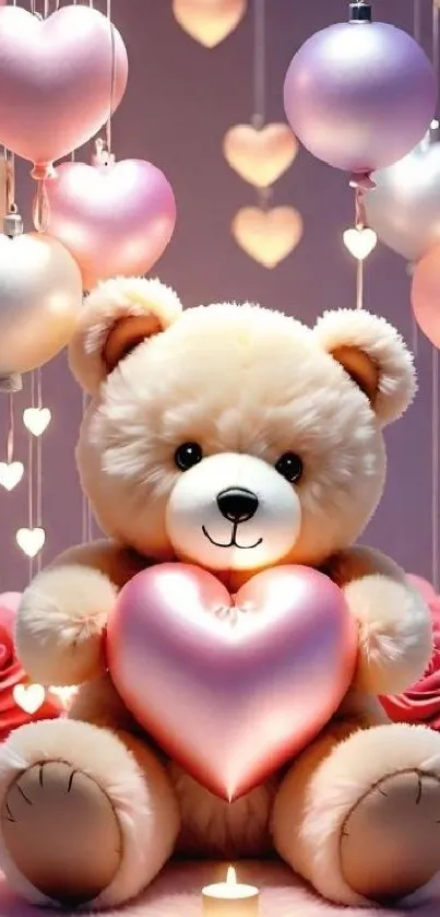 Adorable teddy bear with heart and pink background.