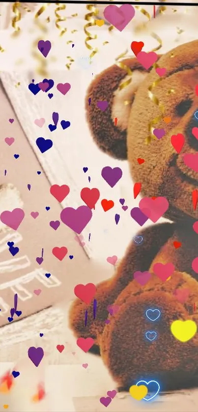 Adorable teddy bear with colorful hearts wallpaper.