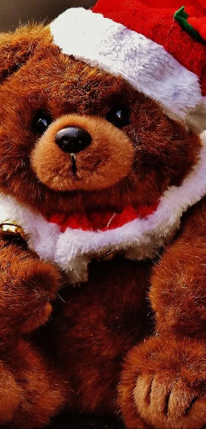 Cute teddy bear with Santa hat on pavement background.