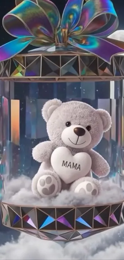 Cute teddy bear in glass capsule with bow against a night sky.