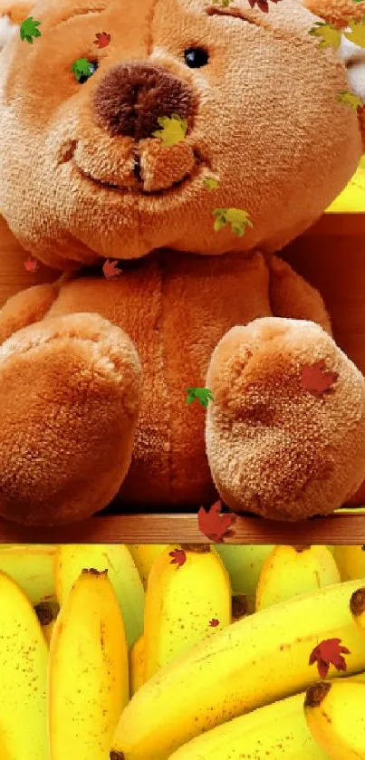 Cute teddy bear sits on a bench with banana background.