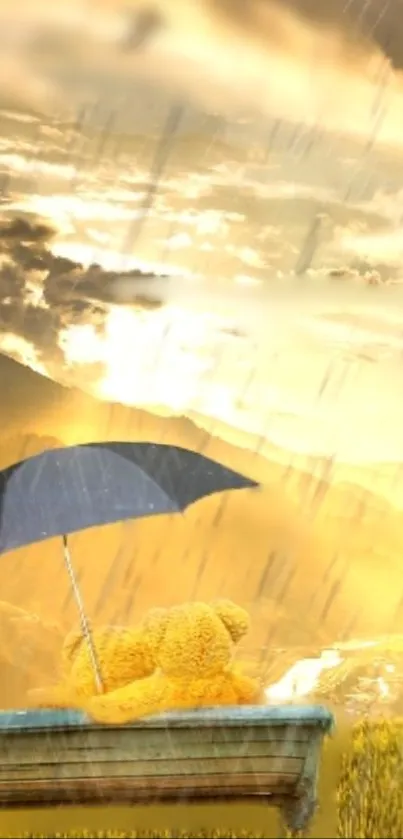 Teddy bear under umbrella with golden sunset