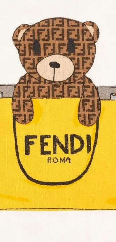 Teddy bear in a bright yellow shopping bag illustration.