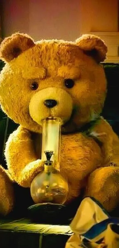 Teddy bear on couch holding a smoking pipe in a whimsical setting.