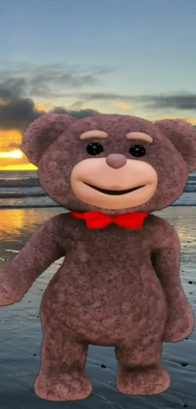 Cute teddy bear on a beach at sunset, perfect mobile wallpaper.