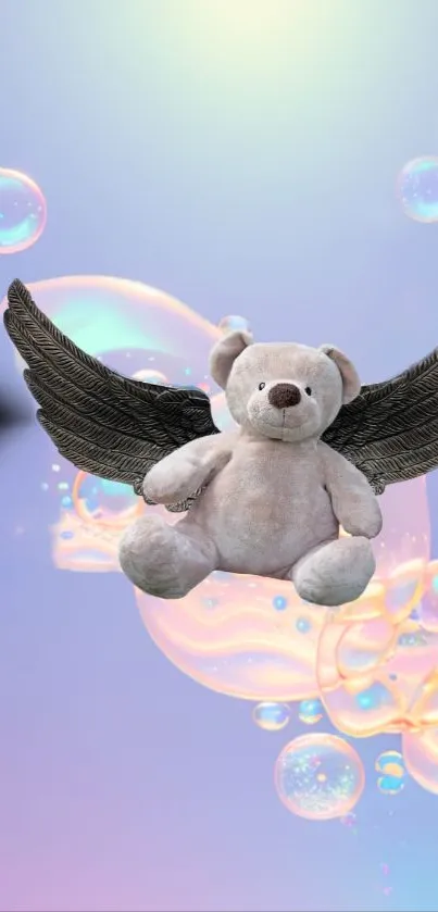 Teddy bear with angel wings and pastel bubbles.