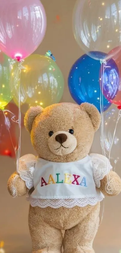 Teddy bear holding colorful balloons, cheerful and vibrant.