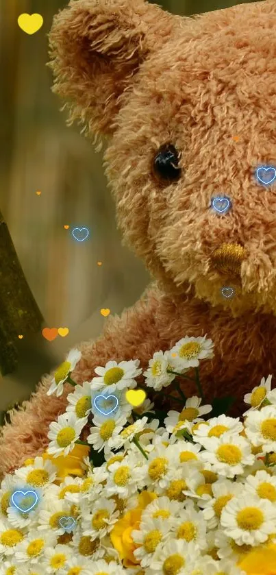 Cute teddy bear and daisy bouquet with heart accents on mobile wallpaper.