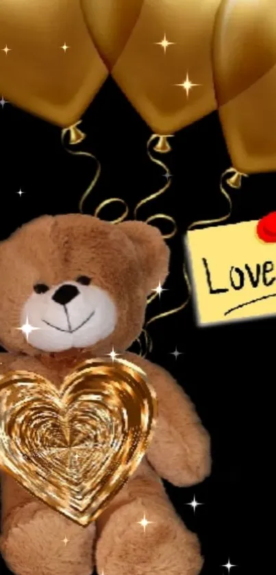 Teddy bear with gold balloons and heart design wallpaper.