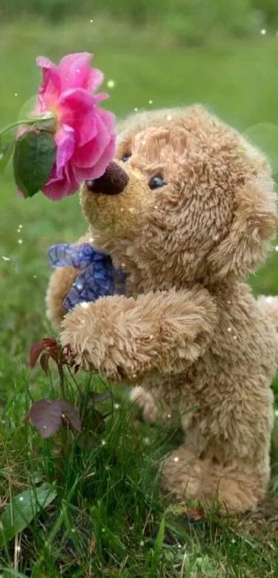 Teddy bear sniffs pink rose in garden.