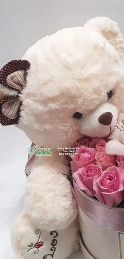 Cute teddy bear with a box of pink roses in a charming arrangement.