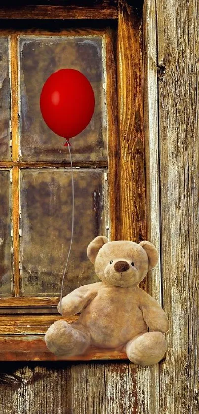 Teddy bear on ledge beside window with red balloon.