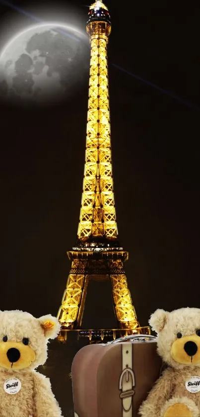 Teddy bears with suitcase beneath the luminous Eiffel Tower and moonlit sky.