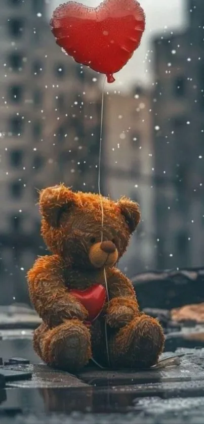Teddy bear holding a red balloon.