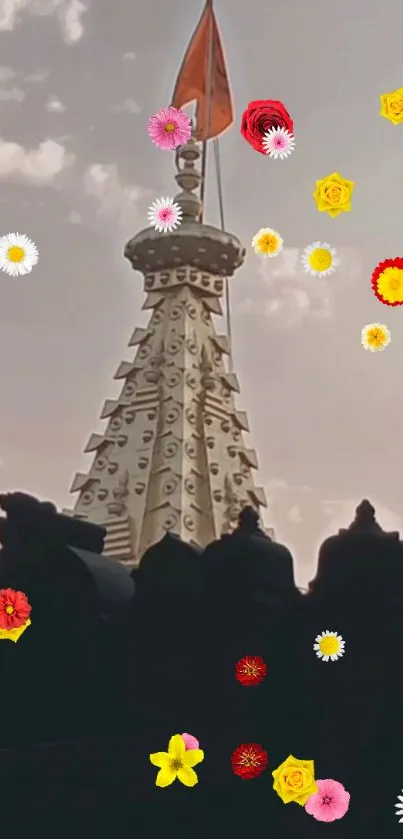 Temple silhouette with colorful floating flowers against a calm sky.