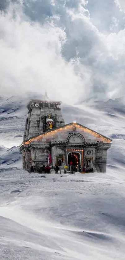 Snowy temple with mountain backdrop and cloudy skies.