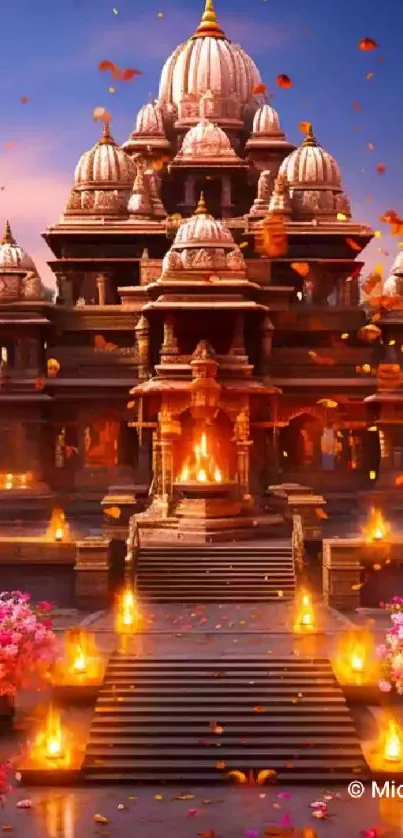 Temple illuminated under sunset glow, with blossoms and flames.