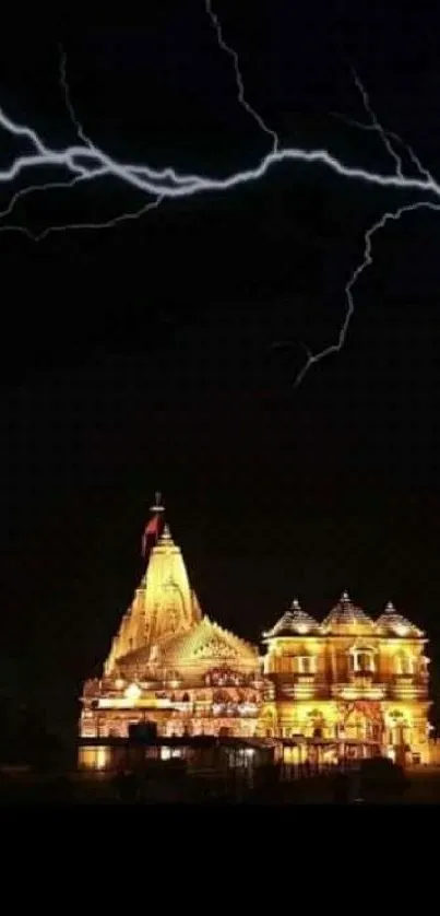 Temple illuminated by lightning under night sky wallpaper.