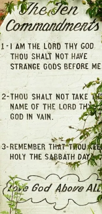 A stone tablet of Ten Commandments adorned with vines and flowers.