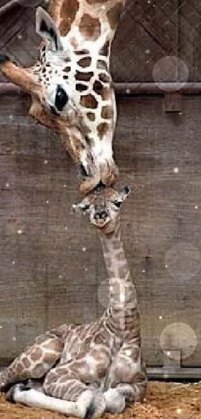 Mother giraffe tenderly kisses her seated calf.