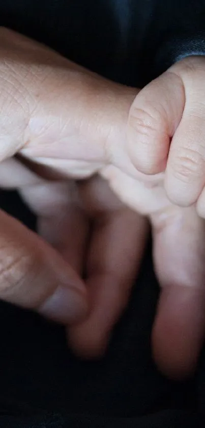 Baby's hand holding adult's on a soft dark fabric background.