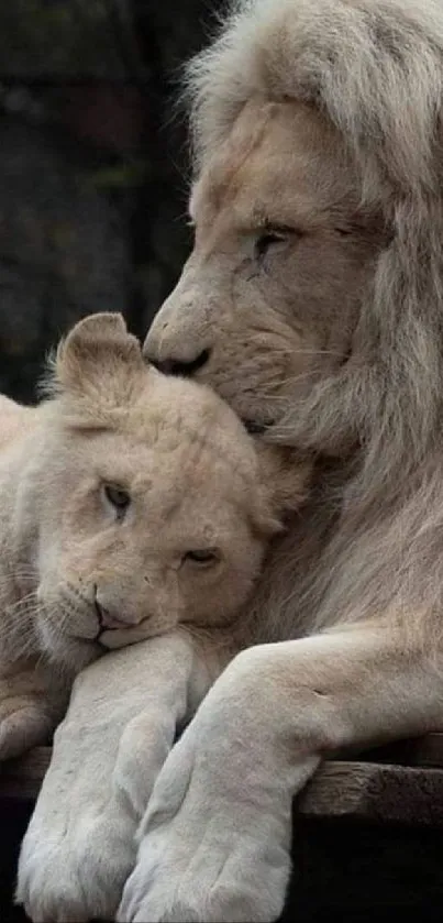 Tender lions cuddle in scenic mobile wallpaper.