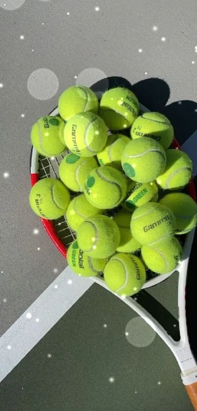 Cluster of tennis balls on a red racket on court.
