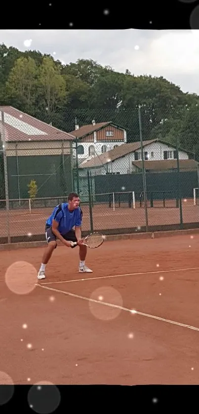 Tennis player in action on clay court, intense sport scene.