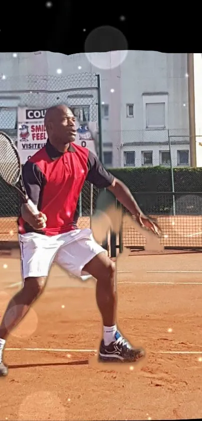 Dynamic tennis player on clay court wallpaper.