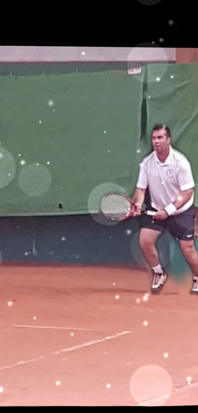 Tennis player in action on a court with a green backdrop.