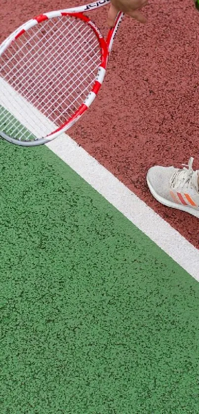 Tennis player on red and green court holding a racket.
