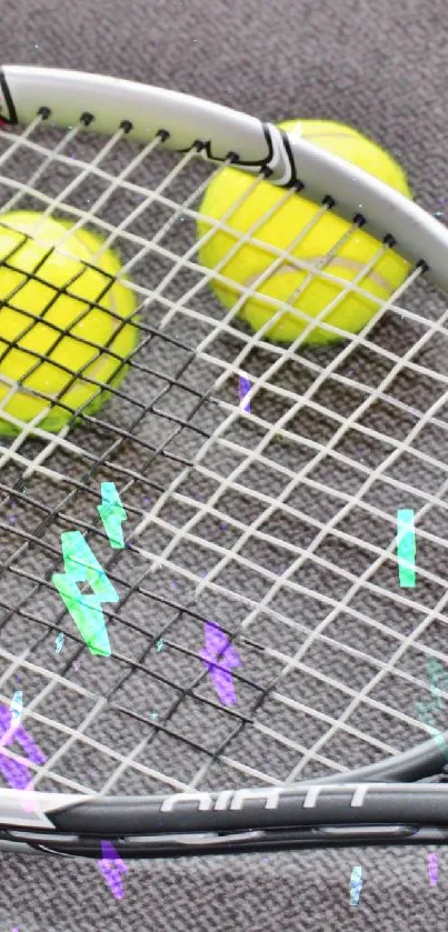 Tennis racket with yellow balls on gray surface.