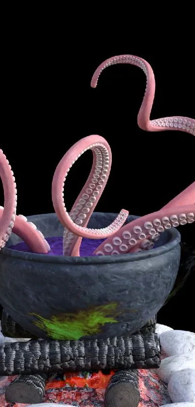 Pink tentacles rising from a cauldron on a black background, creating a surreal effect.