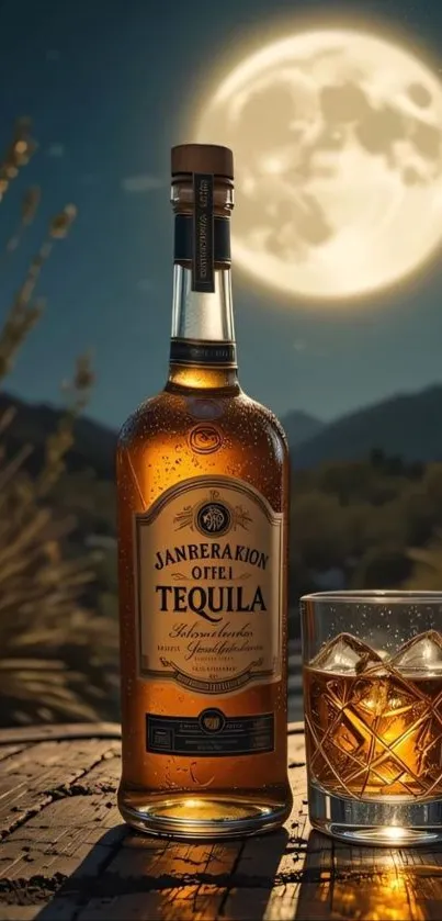 Tequila bottle and glass under a full moon at night.