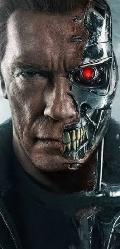 Terminator half-cyborg face wallpaper featuring a menacing red eye.