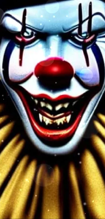 Sinister clown with red hair in dark wallpaper theme.