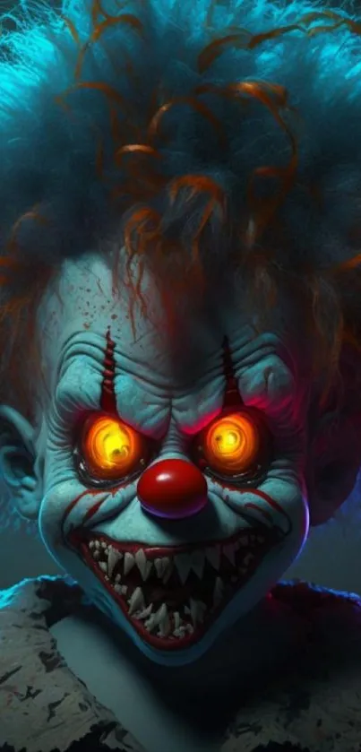 Chilling clown with glowing eyes in dark theme mobile wallpaper.