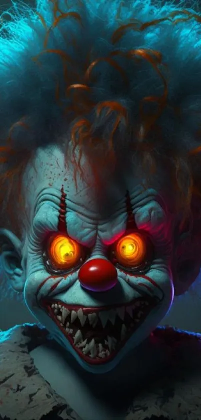 Terrifying clown with glowing eyes and blue hair.