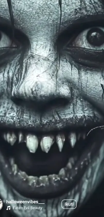 Horrifying close-up of a monstrous face with dark, eerie features and ghoulish expression.