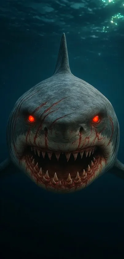 A fierce shark swimming underwater with its jaws open.