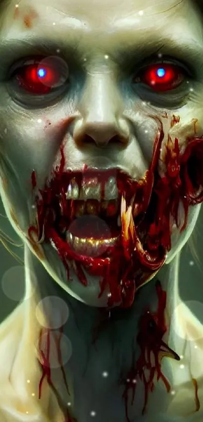 Terrifying zombie with red eyes and blood-stained face, horror wallpaper