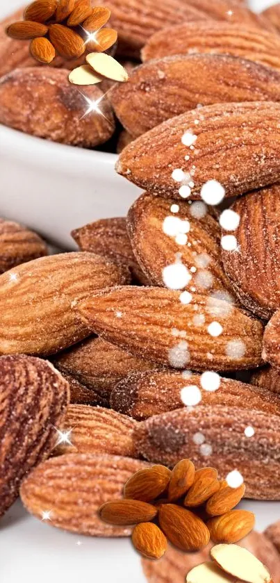 Close-up of almonds with intricate textures and brown hues.