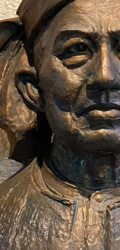 Bronze sculpture depicting a detailed human face with textured elements.