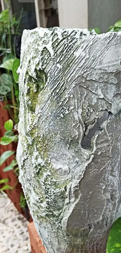 Textured garden vase with greenery on bricks.