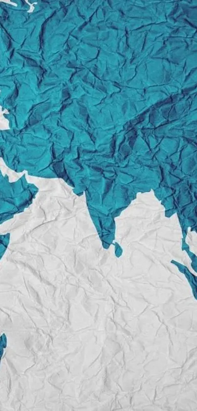 Crumpled paper wallpaper featuring a teal world map.