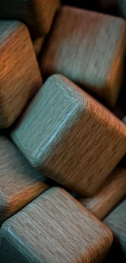 Abstract wooden cubes with warm and textured design.