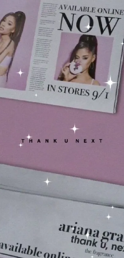 Trendy 'Thank U Next' wallpaper with pink background and stylish newspaper layout.